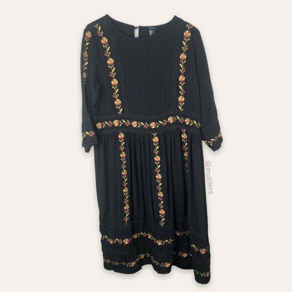 Forever 21 Black Floral Flower Embroidered Bohemian Boho Fall Dress - Picture 1 of 10